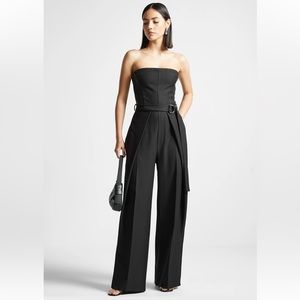 Black pleat strapless jumpsuit with leather detail